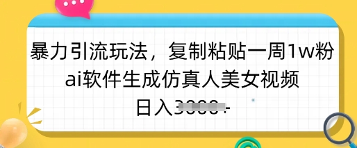 暴力引流玩法，复制粘贴一周1w粉，ai软件生成仿真人美女视频，日入多张-云创网