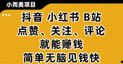 小而美的项目，抖音小红书B站视频点赞、关注、评论就能挣钱，简单无脑立见收益，妥妥的零撸项目【揭秘】-云创网