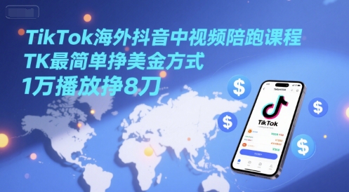 TikTok海外抖音中视频陪跑课程，TK最简单挣美金方式，1万播放挣8刀-云创网
