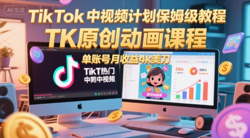 TikTok中视频计划保姆级教程，TK原创动画课程，单账号月收益4k美刀-云创网
