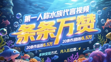 第一人称水族代言视频，条条万赞，20条作品涨粉7.8W，多种变现方式月入五位数-云创网