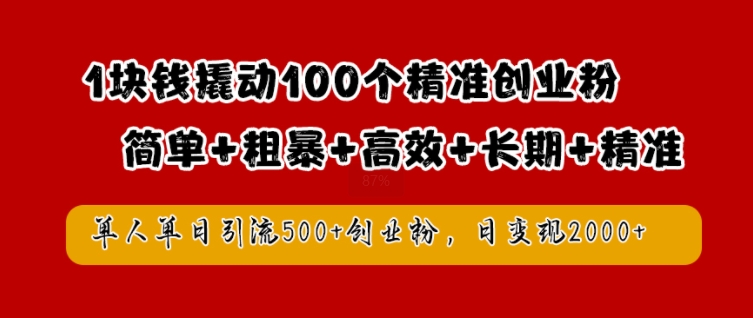 1块钱撬动100个精准创业粉，简单粗暴高效长期精准，单人单日引流500+创业粉，日变现2k【揭秘】-云创网