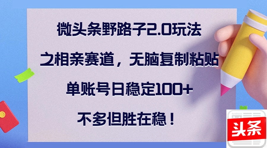 微头条野路子2.0玩法之相亲赛道，无脑复制粘贴，单账号日稳定100+，不...-云创网